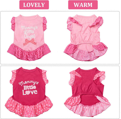 2 Pieces Dog Dresses for Dogs Cute Girl Female Pet Dress Mommy Puppy Shirt Skirt Dresses Pet Summer Clothes Apparel for Cats(Love and Angel,Small)