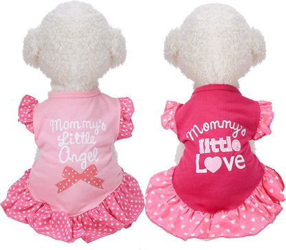 2 Pieces Dog Dresses for Dogs Cute Girl Female Pet Dress Mommy Puppy Shirt Skirt Dresses Pet Summer Clothes Apparel for Cats(Love and Angel,Small)